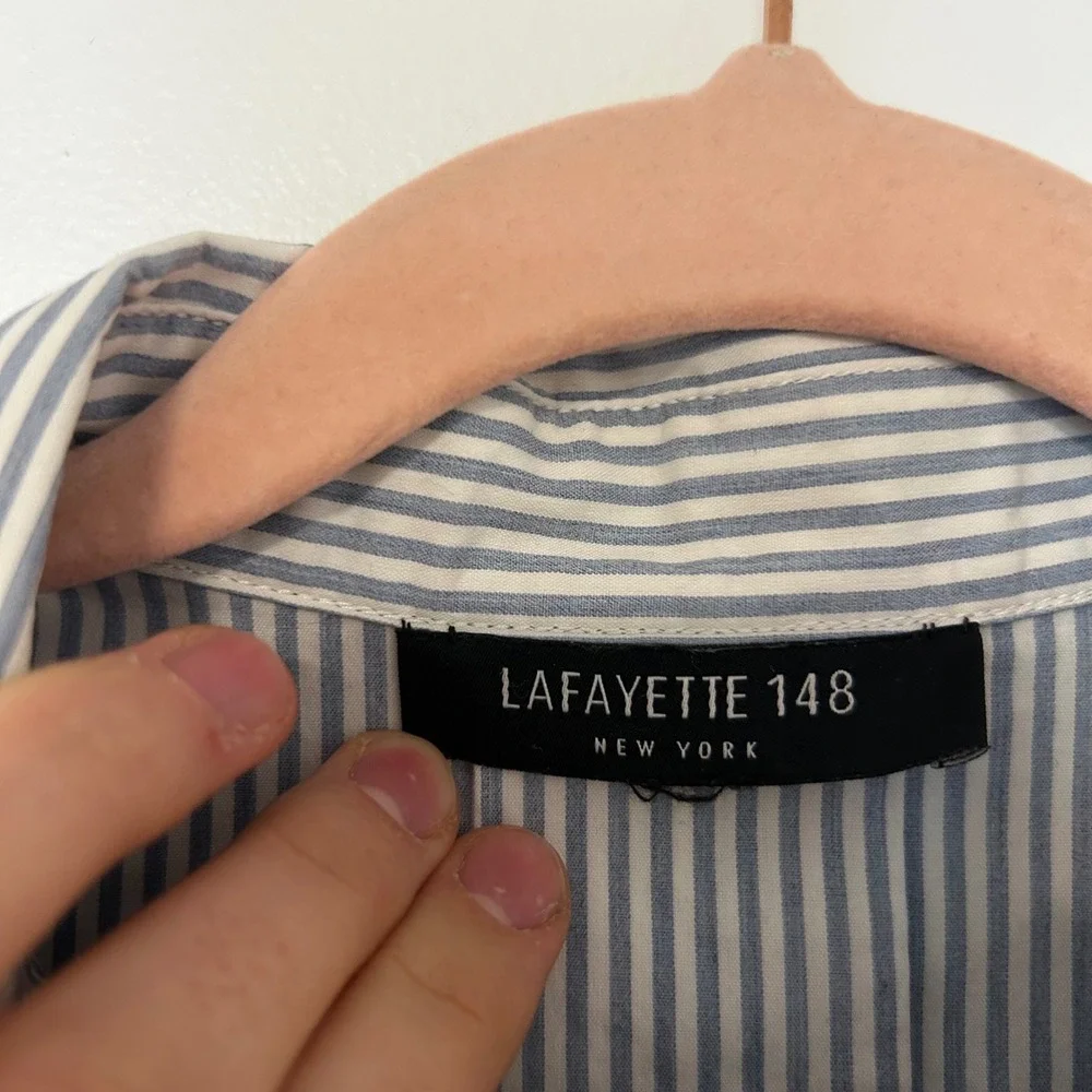 Lafayette 148 New York Blue White Striped Hidden Button Down Shirt Womens M flaw - Picture 3 of 9
